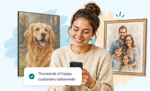 A customer smiling at her phone between two hand-painted portraits, one of a golden retriever and one of a family