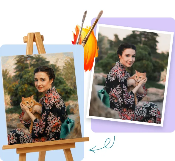 A customer photo beside its finished hand-painted portrait on an easel